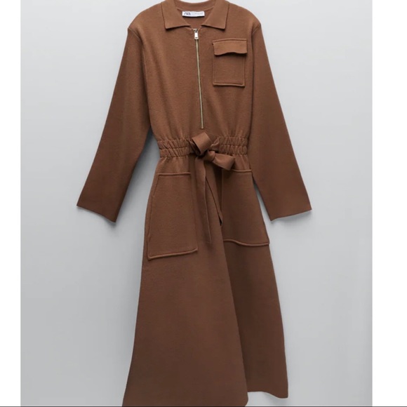 Zara Dresses Nwt Zara Mink Brown Knit Dress With Zip And Tie Poshmark